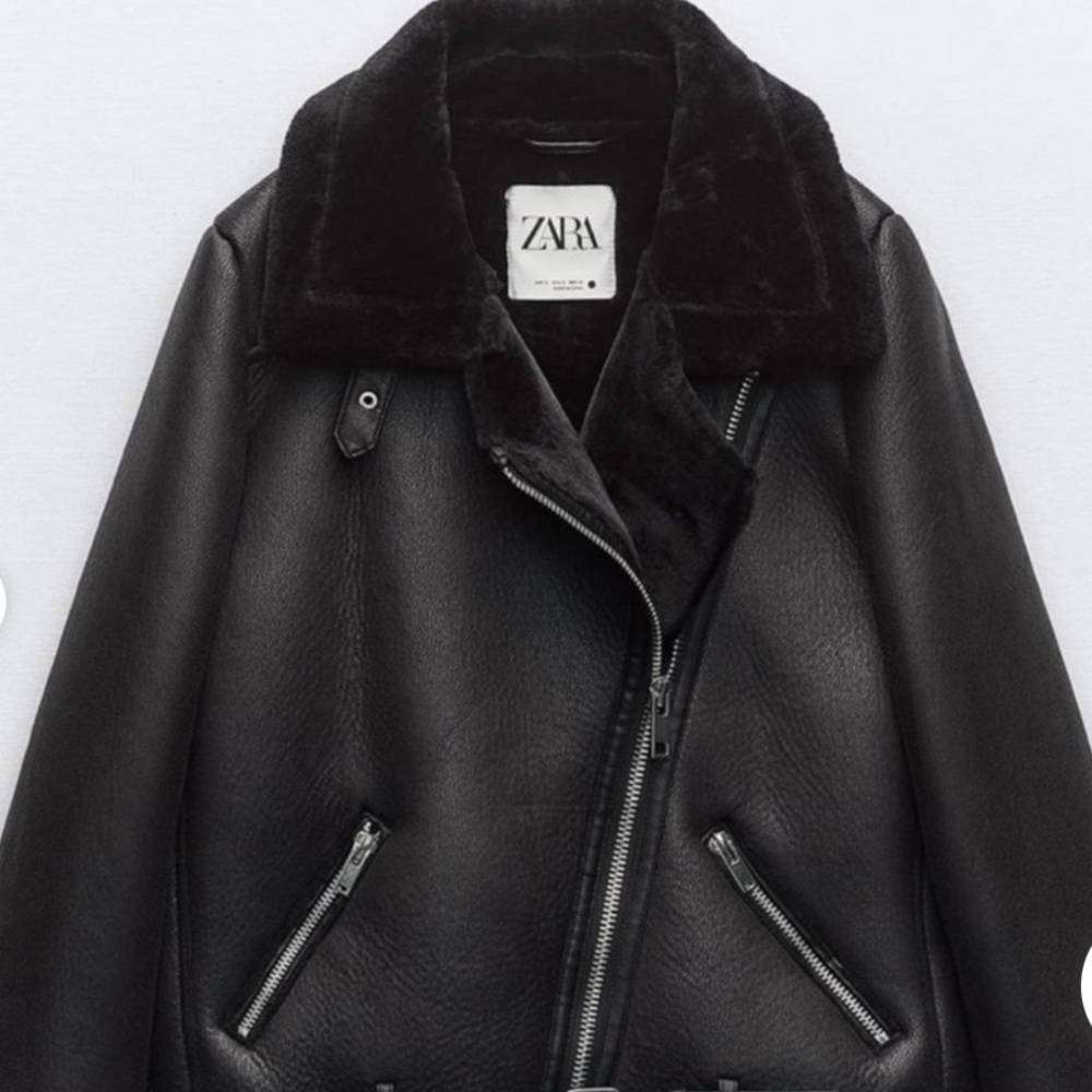 ZARA BLACK FAUX LEATHER SHEARLING FUR DOUBLE FACED BIKER JACKET AVIATOR COAT